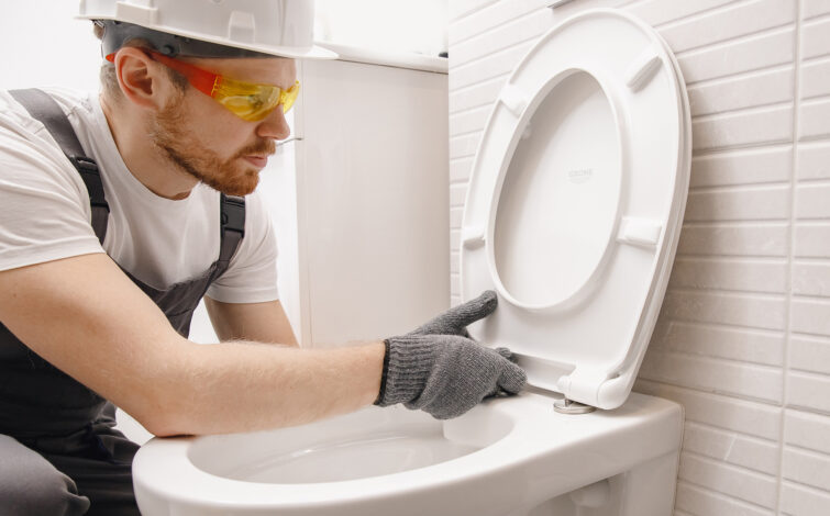 Plumber installing a toilet seat in a tiled bathroom